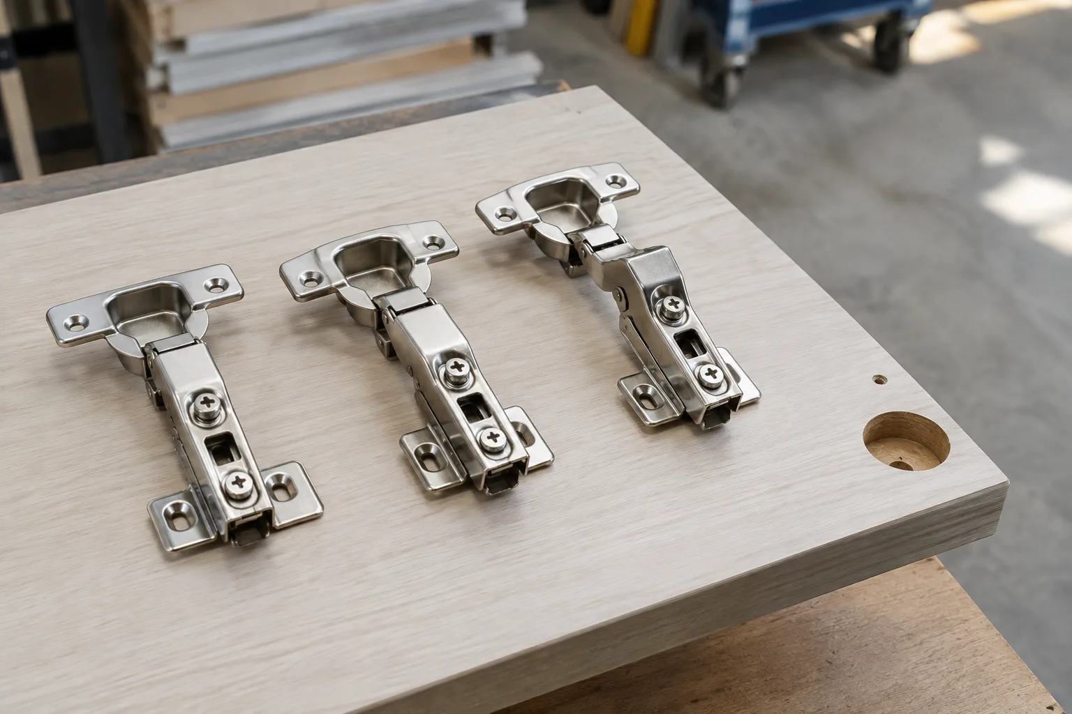 Carpenter boring a 35 mm cup hole near the edge of a laminated cabinet door with a Forstner bit on a drill stand