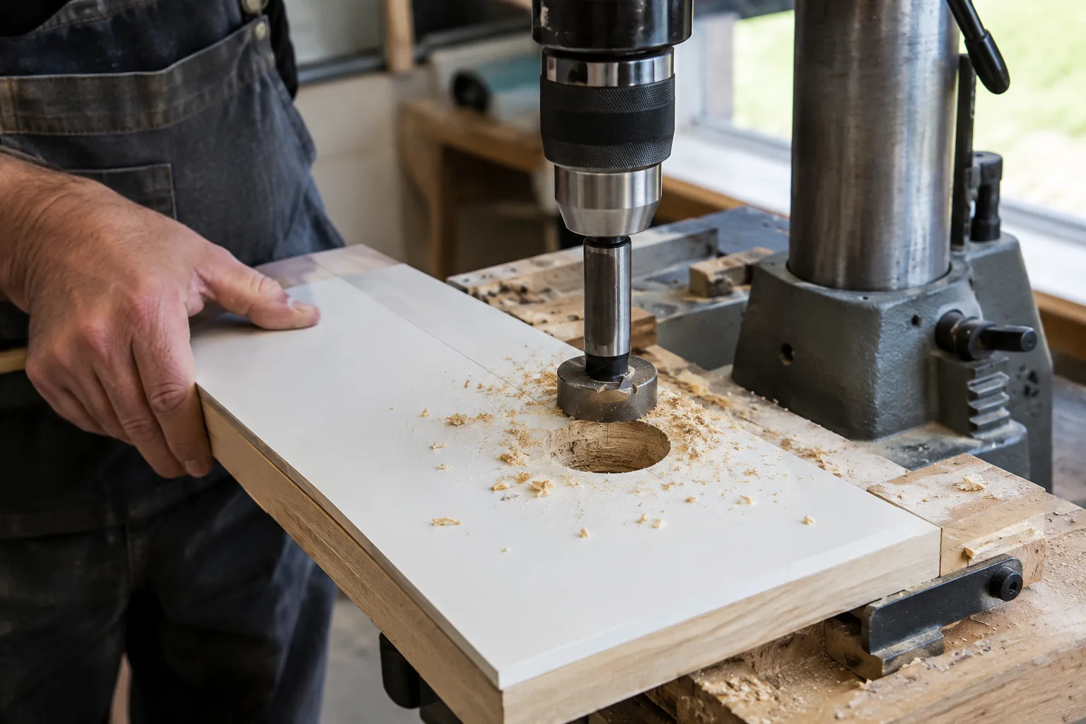Steel ruler measuring the gap between a cabinet door edge and a drilled hinge cup hole, with pencil marks
