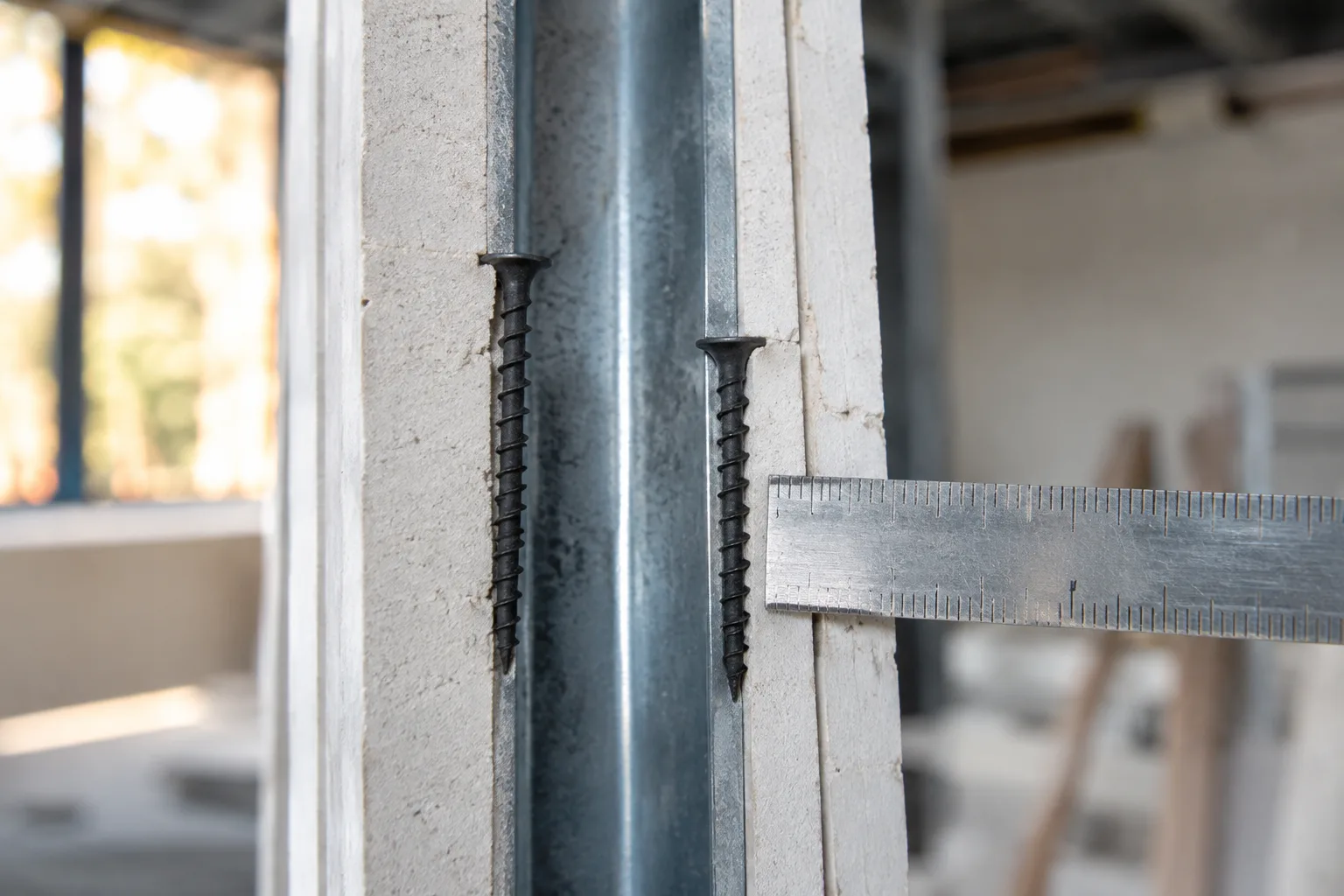 Black drywall screws fixing two layers of 12.5 mm gypsum board to a GI steel stud, 25 mm and 35 mm lengths