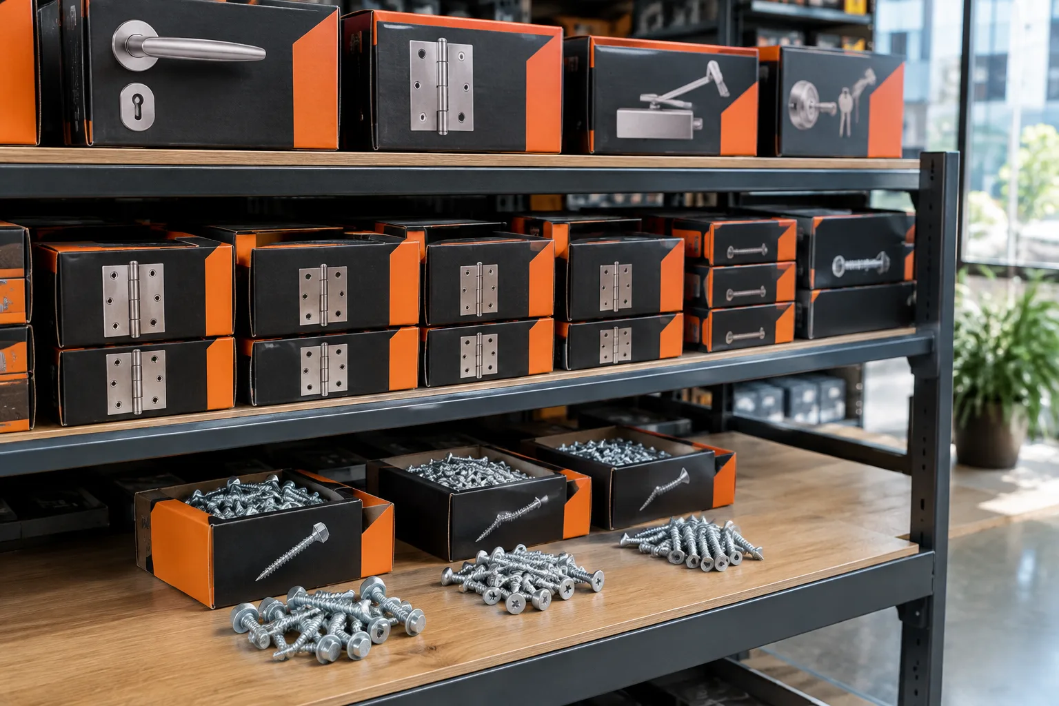 Hardware shop shelf stocked with LUMA screws, cabinet hinges and door hardware kits in black and orange packaging