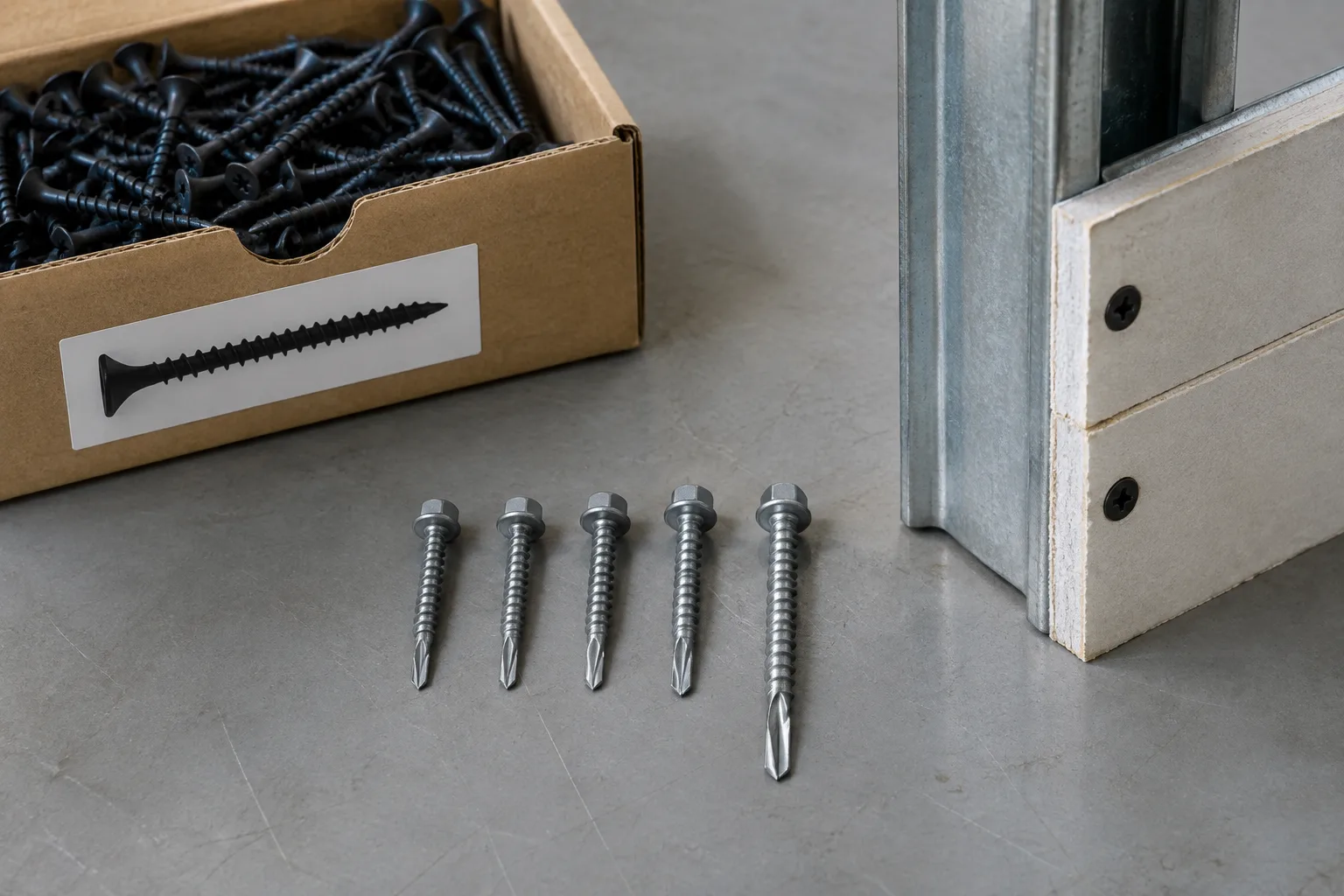 Self-drilling screws with S, #1, #2, #3 and #4 points lined up to compare drill flute length