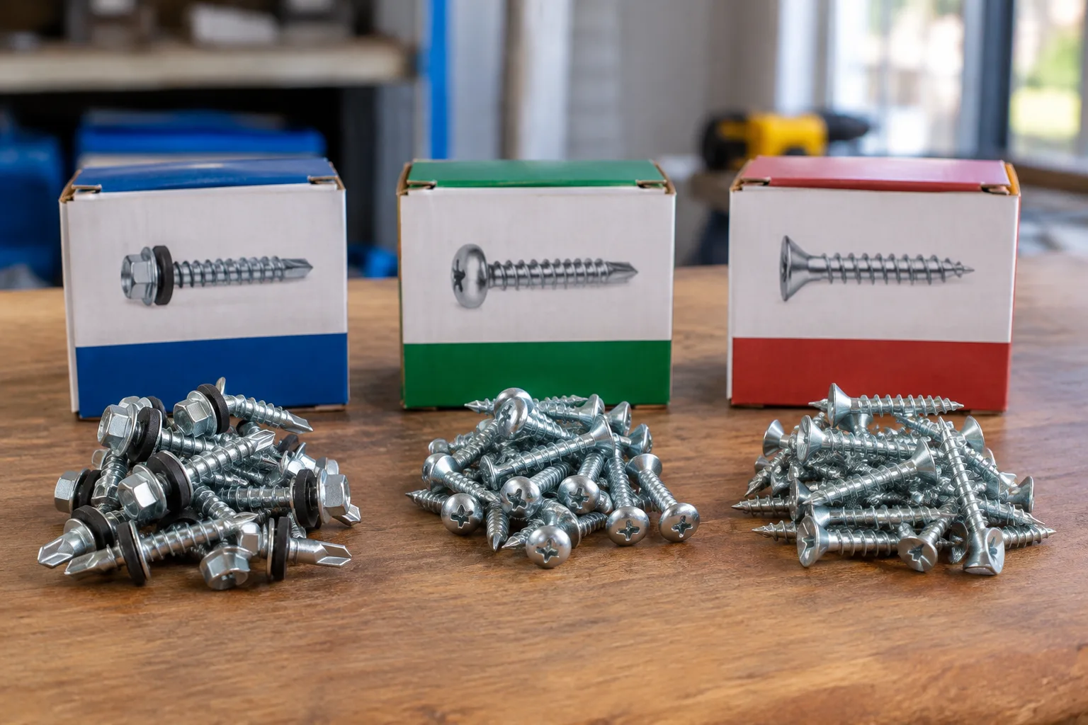 Hex head, truss head and countersunk self-drilling screws in separate piles beside their boxes