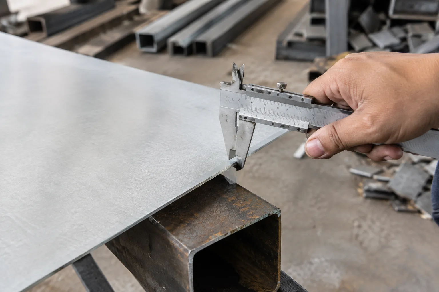 Vernier caliper measuring the combined thickness of a roofing sheet laid on a steel channel